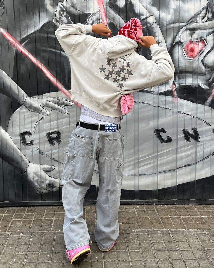 ASTRO HOODIE - light grey star print hoodie, street style shot - Cold Culture