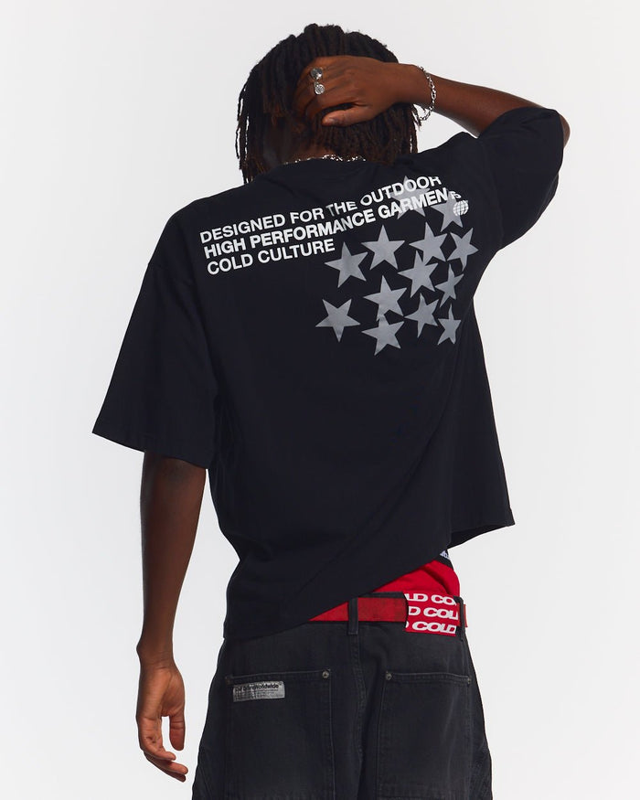 ASTRO TEE BLACK - black star print tee, back view on male model - Cold Culture #man
