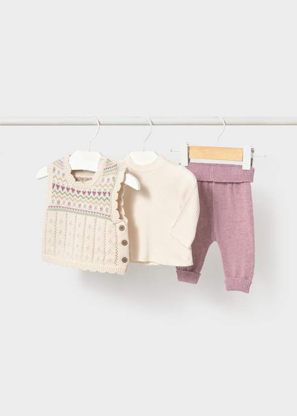 Baby 3-Piece Knit Vest, Top + Leggings Set - Mauve