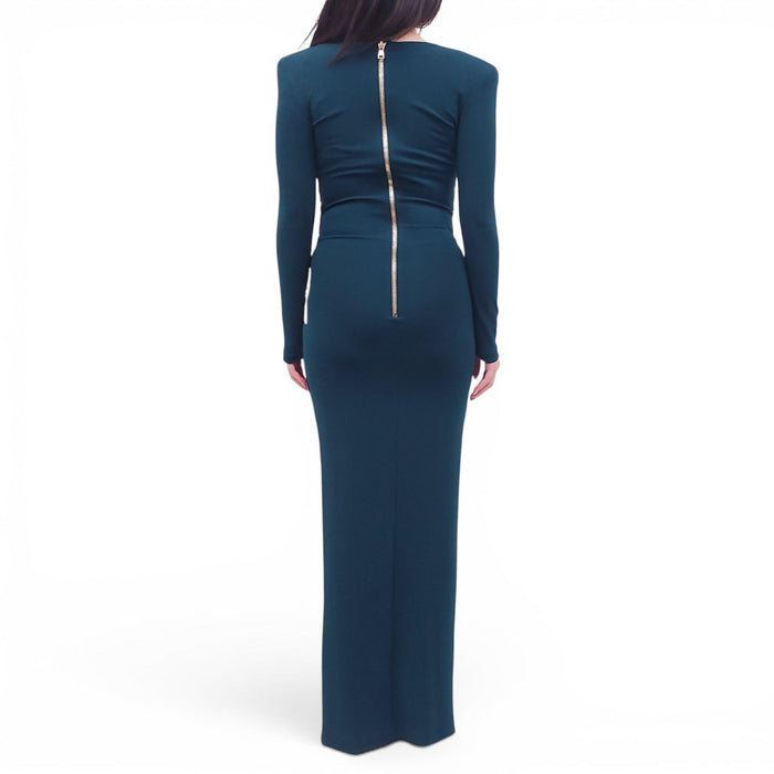 BALMAIN TEAL GOWN WITH EMBELLISHED FLOWER DETAIL - SIZE 38