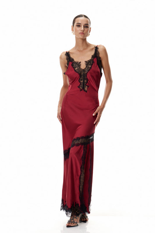 Bess Lace Plunge Satin Maxi Dress In Red