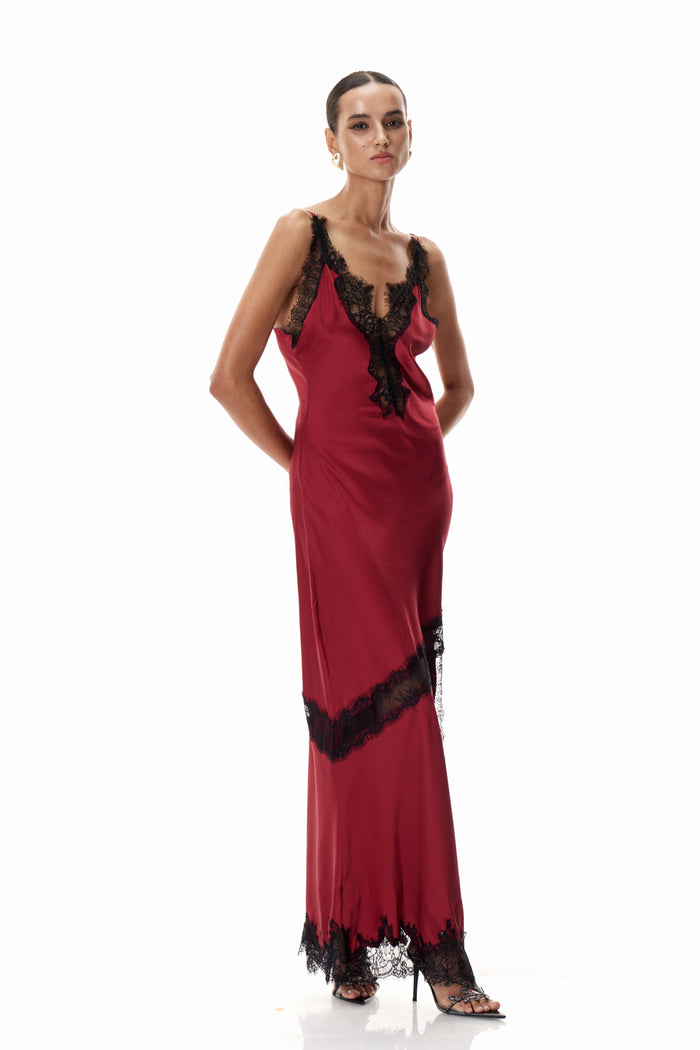 Bess Lace Plunge Satin Maxi Dress In Red