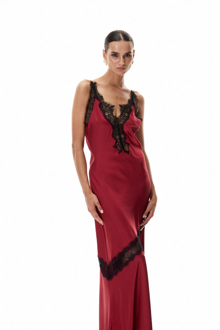 Bess Lace Plunge Satin Maxi Dress In Red