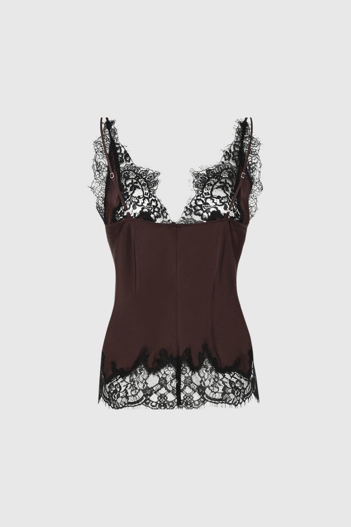 Bess Lace Satin Top In Brown