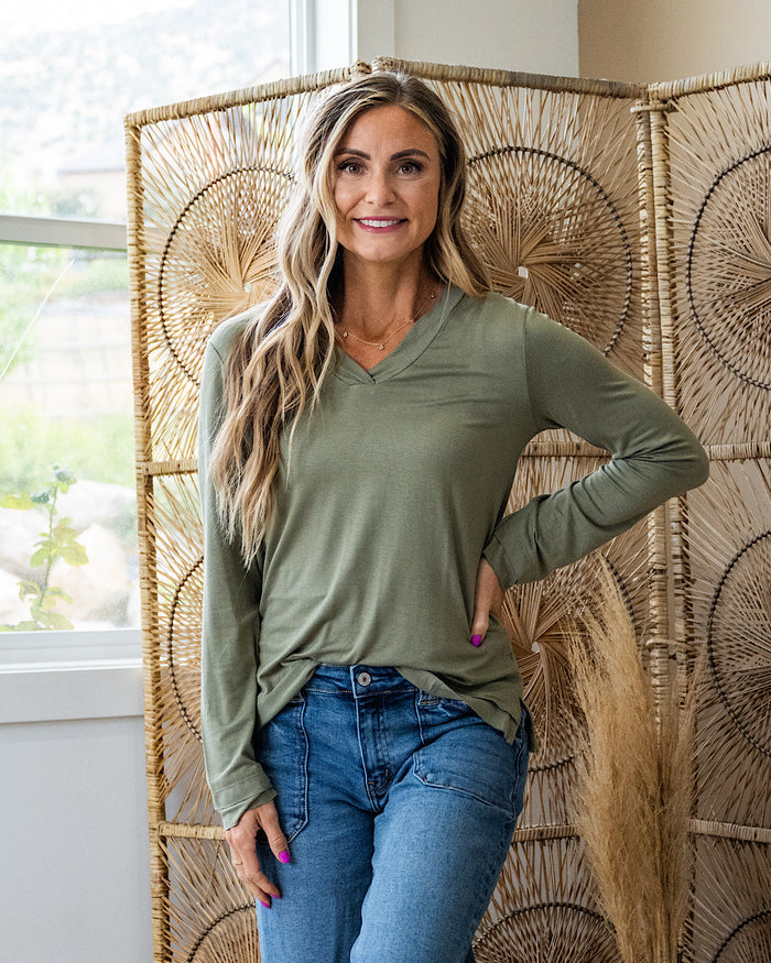 Bethany Cut Edge V Neck Top - Color options Available! Sew In Love Olive