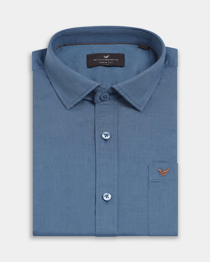 Blue Half Sleeve Linen Solid Shirt - Cleo