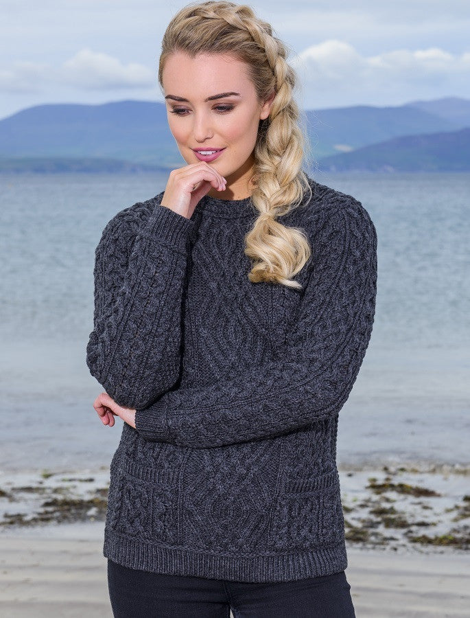 Cable Crew Neck Sweater with Pockets - #color_charcoal