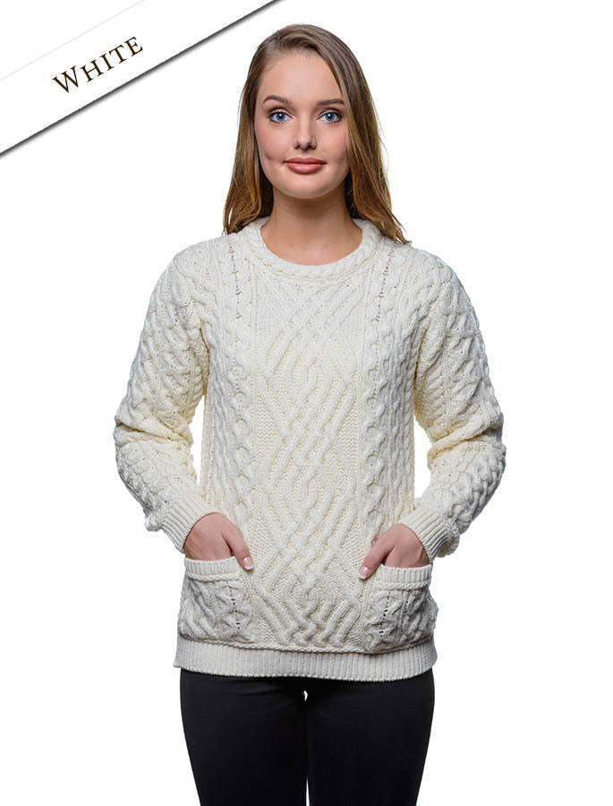 Cable Crew Neck Sweater with Pockets - #color_natural-white