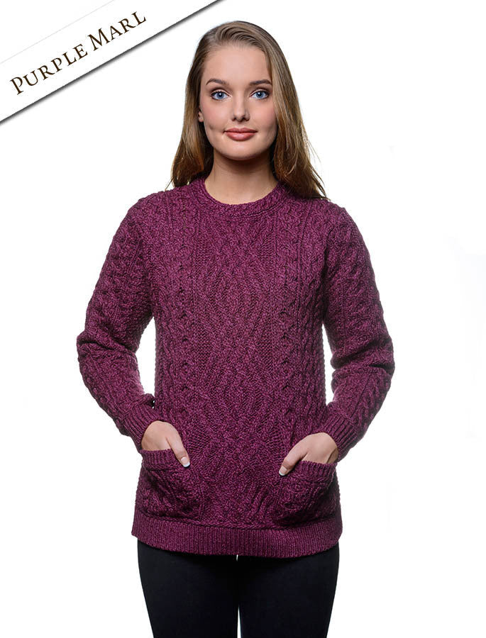 Cable Crew Neck Sweater with Pockets - #color_purple-marl