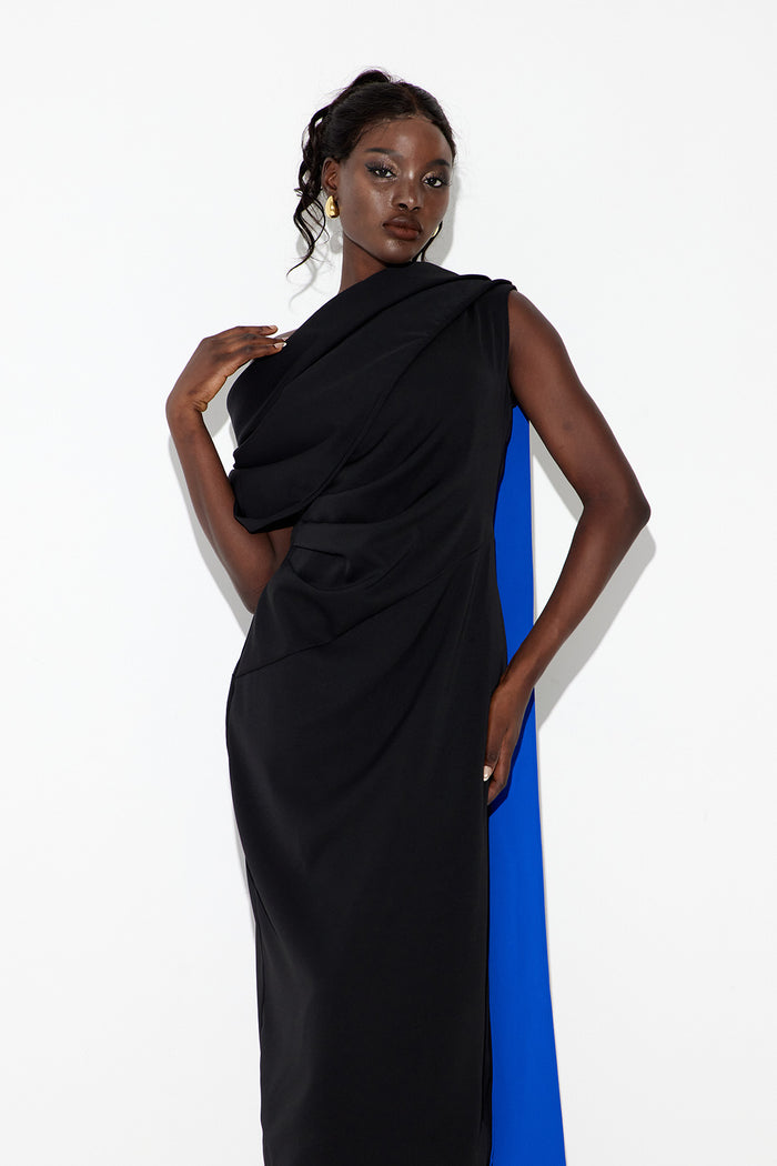 Candidus Shawl Ruch Asymmetric Midi Dress In Black