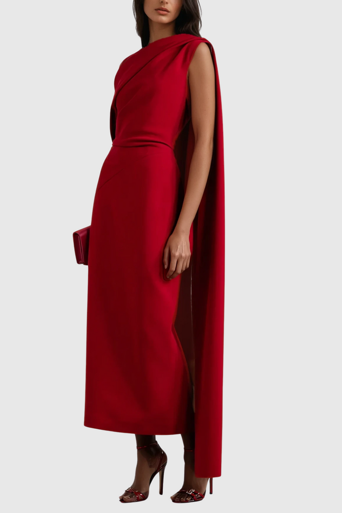 Candidus Shawl Ruch Asymmetric Midi Dress