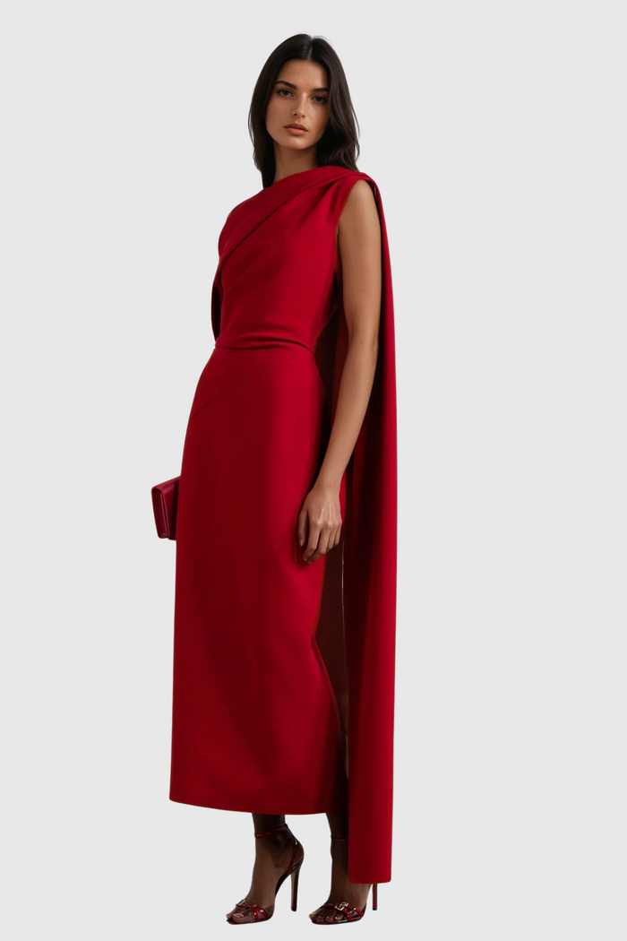 Candidus Shawl Ruch Asymmetric Midi Dress