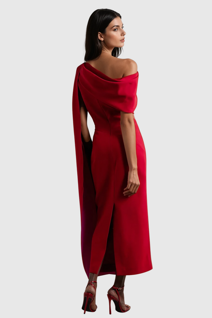 Candidus Shawl Ruch Asymmetric Midi Dress