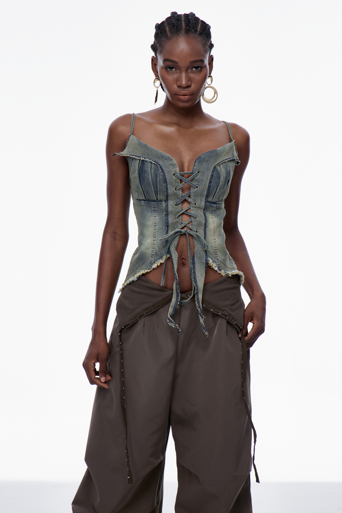 Carl Lace Up Fringe Denim Top