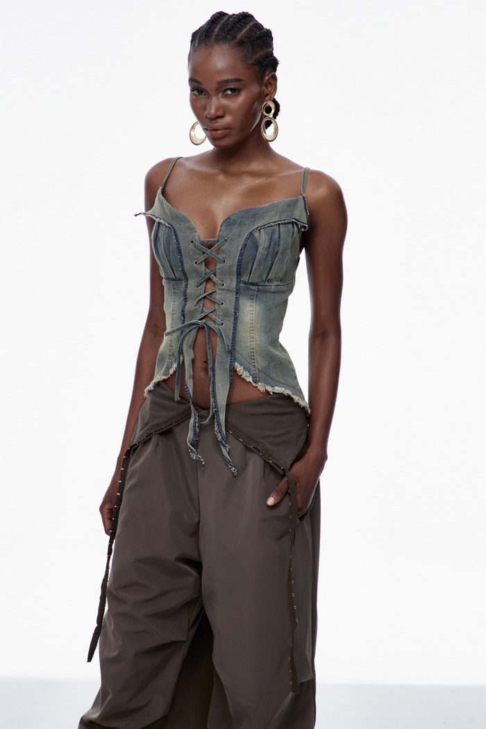 Carl Lace Up Fringe Denim Top