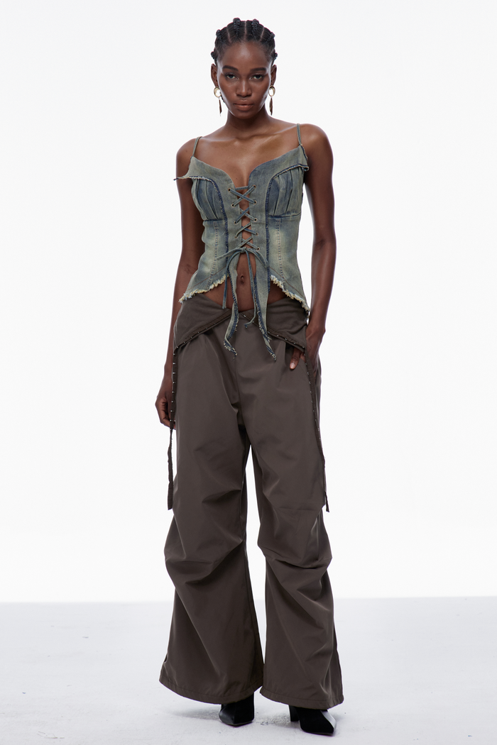 Carl Lace Up Fringe Denim Top