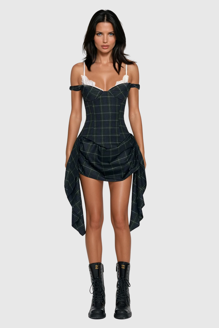 Ceyhun Grid Fringe Spaghetti Mini Dress