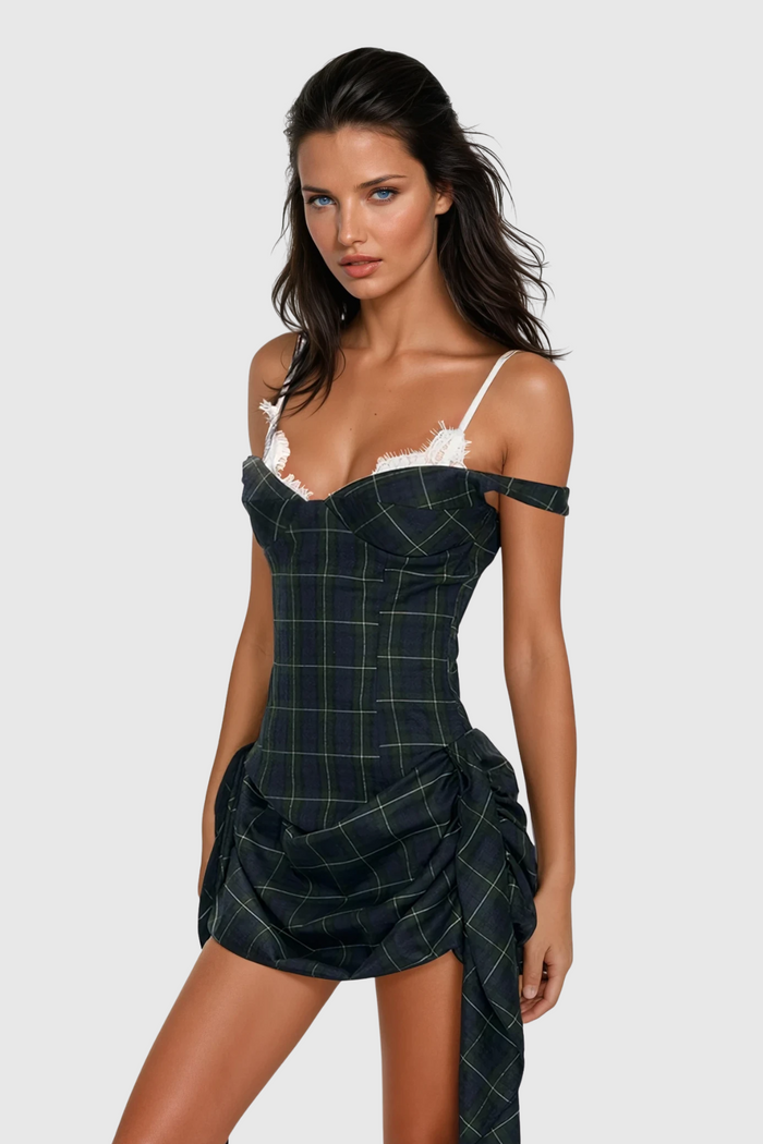 Ceyhun Grid Fringe Spaghetti Mini Dress