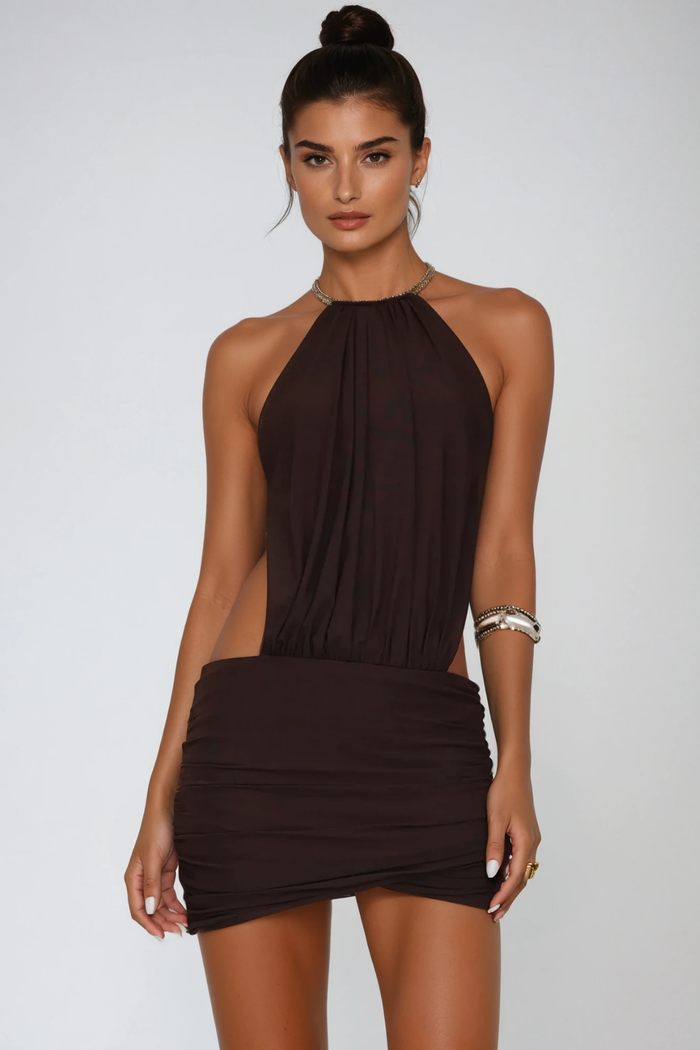 Cezara Halter Neck Backless Ruch Mini Dress