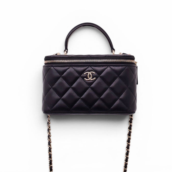 CHANEL BLACK LAMBSKIN QUILTED CC TOP HANDLE VANITY CASE CROSSBODY BAG