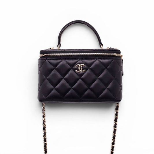 CHANEL BLACK LAMBSKIN QUILTED CC TOP HANDLE VANITY CASE CROSSBODY BAG