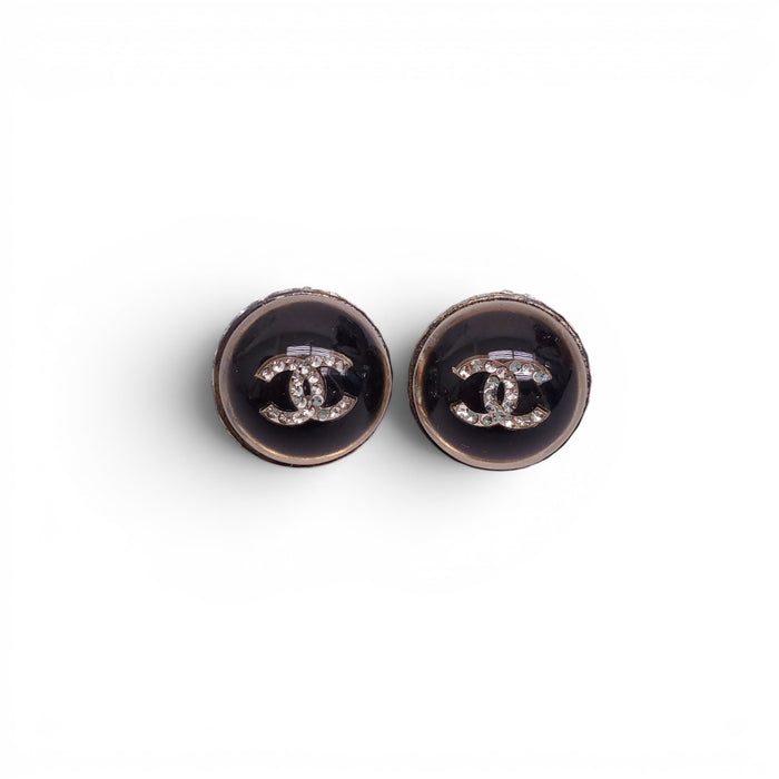 CHANEL BLACK RESIN CRYSTAL LOGO EARRINGS