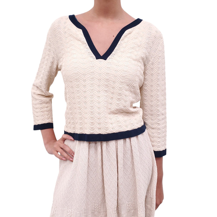 CHANEL CREAM AND NAVY 2-PIECE KNIT SKIRT SET - SIZE 36