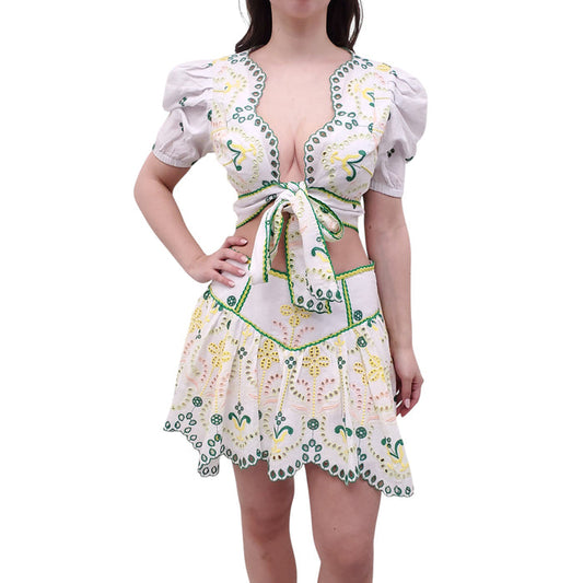 CHARO RUIZ WHITE, YELLOW, AND GREEN EYELET SKIRT SET - SIZE M/L