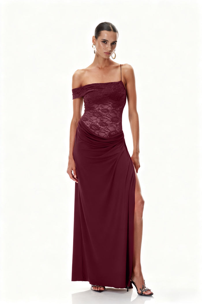 Chenda Lace Asymmetric Maxi Dress In Red