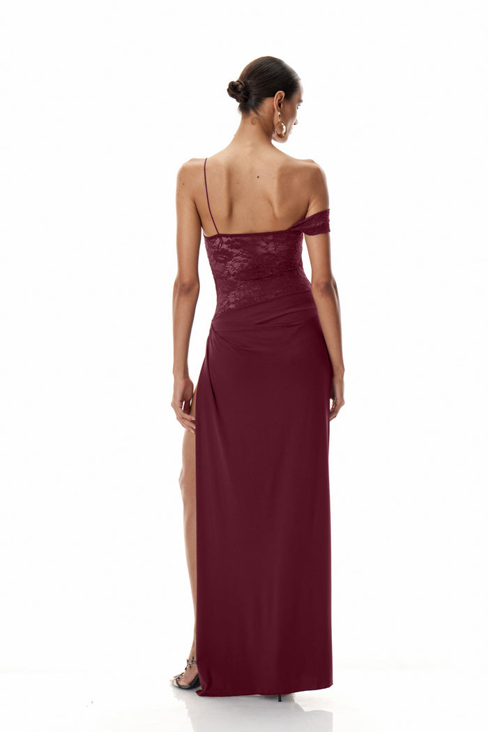 Chenda Lace Asymmetric Maxi Dress In Red