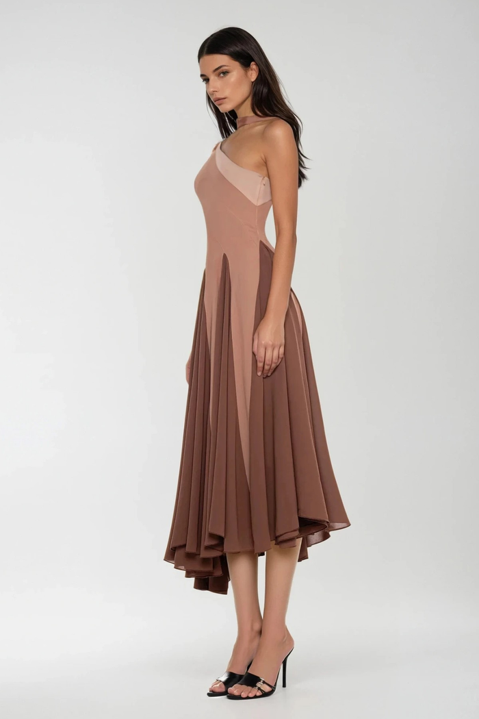 Chip One Shoulder Asymmetric Ruffle Midi Dress