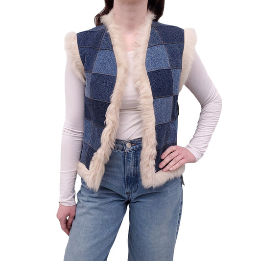 CHLOÉ DENIM PATCHWORK FUR VEST - SIZE 34