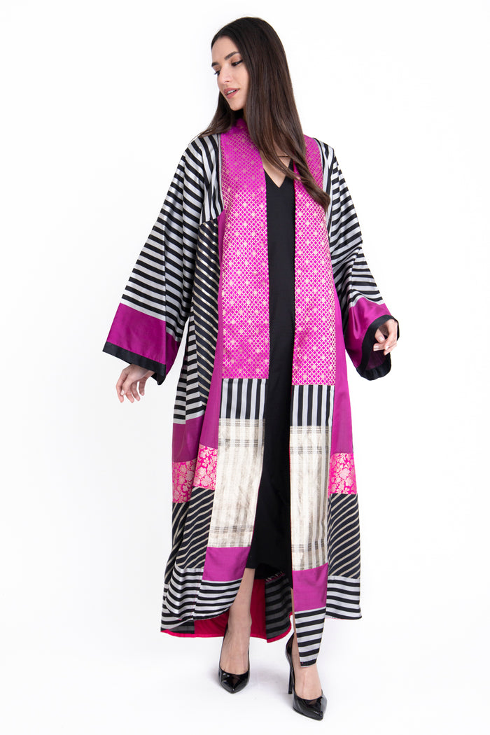 Chouf Silk Silver And Fuchsia Abaya