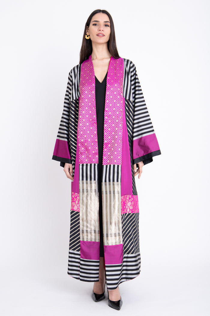 Chouf Silk Silver And Fuchsia Abaya