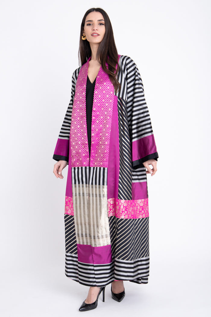 Chouf Silk Silver And Fuchsia Abaya