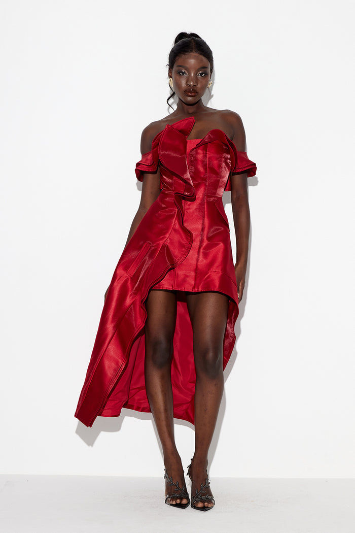 Cille Off Shoulder Asymmetric Ruffle Maxi Dress