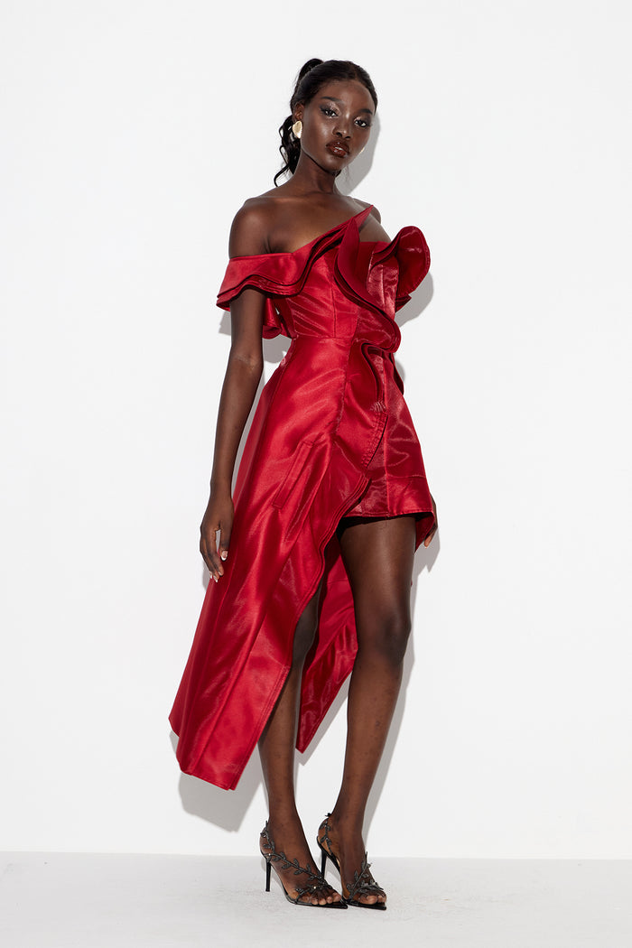 Cille Off Shoulder Asymmetric Ruffle Maxi Dress