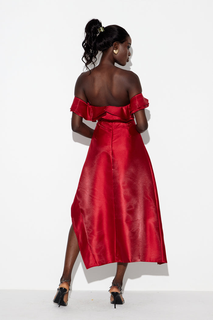 Cille Off Shoulder Asymmetric Ruffle Maxi Dress