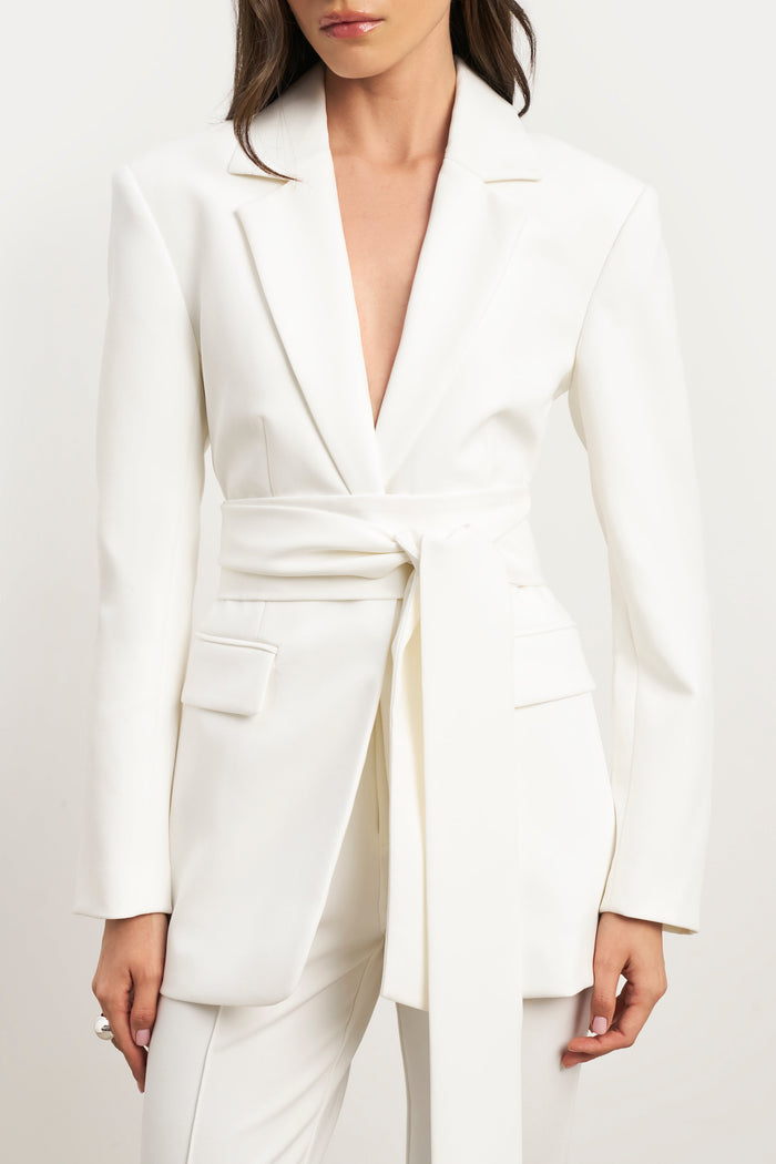 Classic Blazer With Belt - White