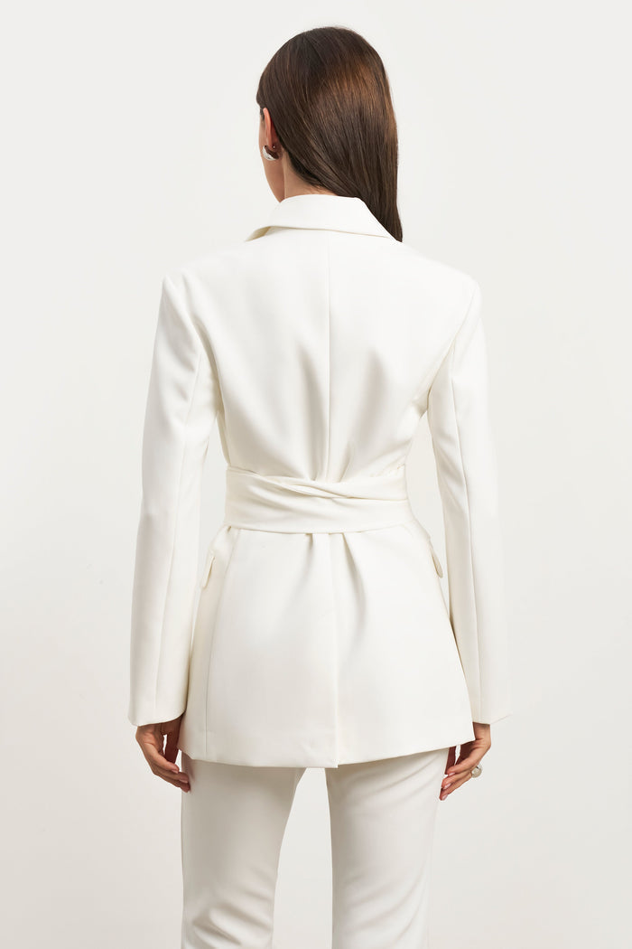 Classic Blazer With Belt - White