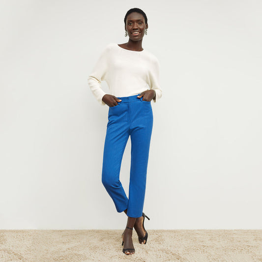 Front image of a woman standing wearing the condesa pant in basketweave jacquard in azure | Lead