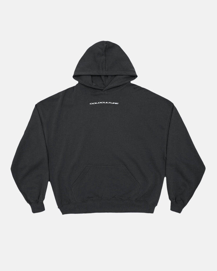 COSMOS ARC HOODIE INDIA INK - washed black star print hoodie, front view - Cold Culture