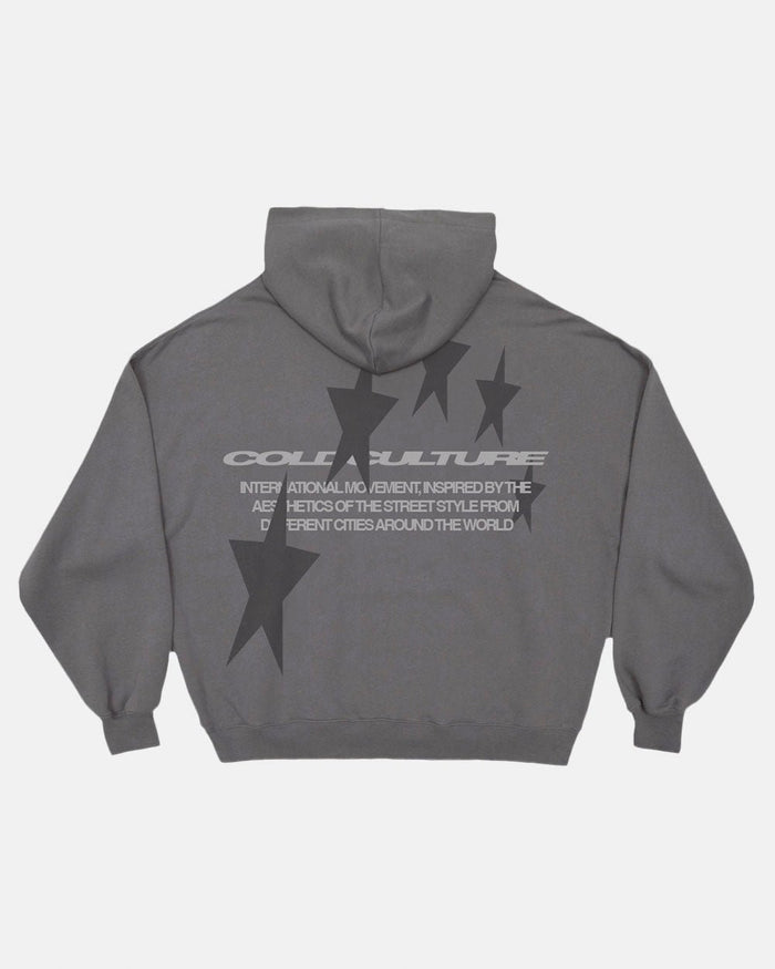 COSMOS ARC HOODIE SMOKEY GREY - grey star print hoodie, back view - Cold Culture