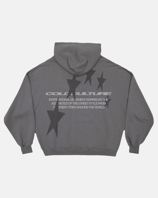 COSMOS ARC HOODIE SMOKEY GREY - grey star print hoodie, back view - Cold Culture
