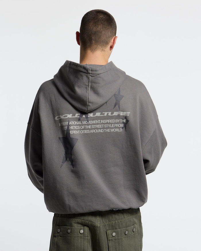COSMOS ARC HOODIE SMOKEY GREY - grey star print hoodie, back view on male model - Cold Culture #man