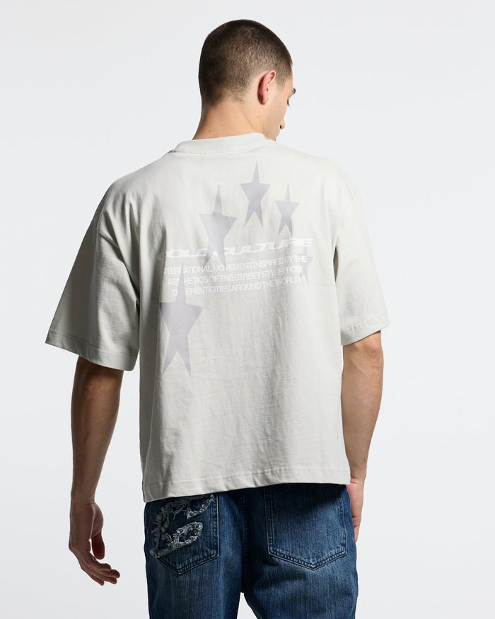 COSMOS ARC TEE LIGHT GREY - light grey oversized tee, back view on male model - Cold Culture #man