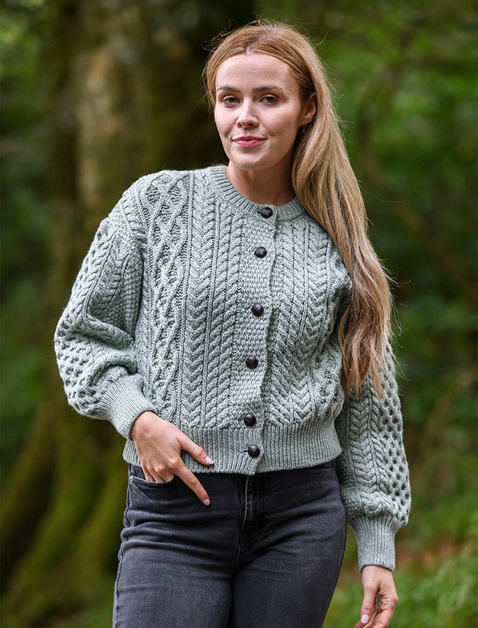 Cropped Wool Aran Cardigan - Sage Marl #color_sage-marl