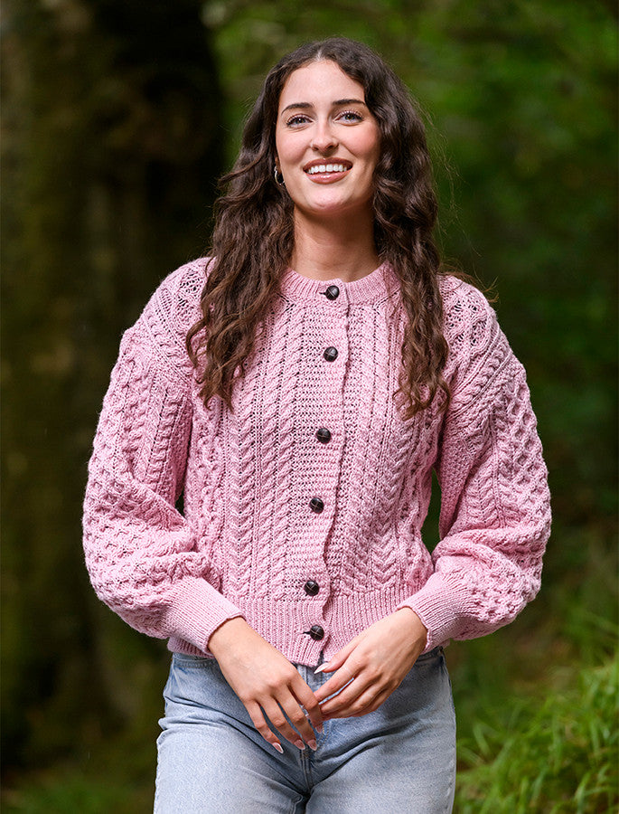 Cropped Wool Aran Cardigan - Pale Pink #color_pale-pink