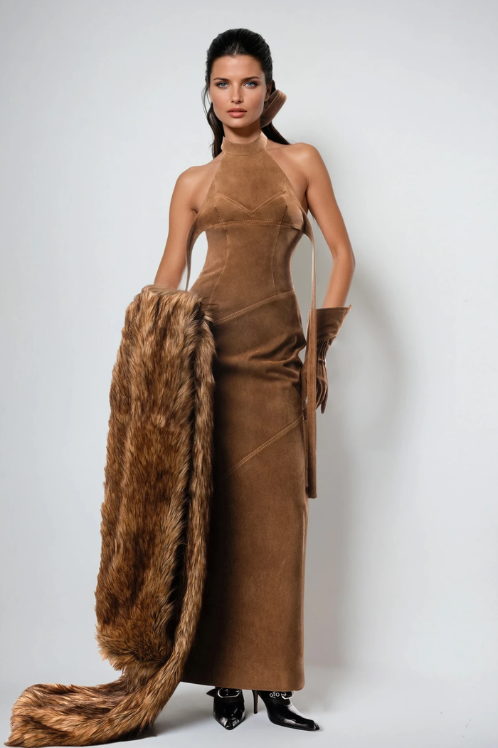 Dafna Halter Neck Suede Maxi Dress