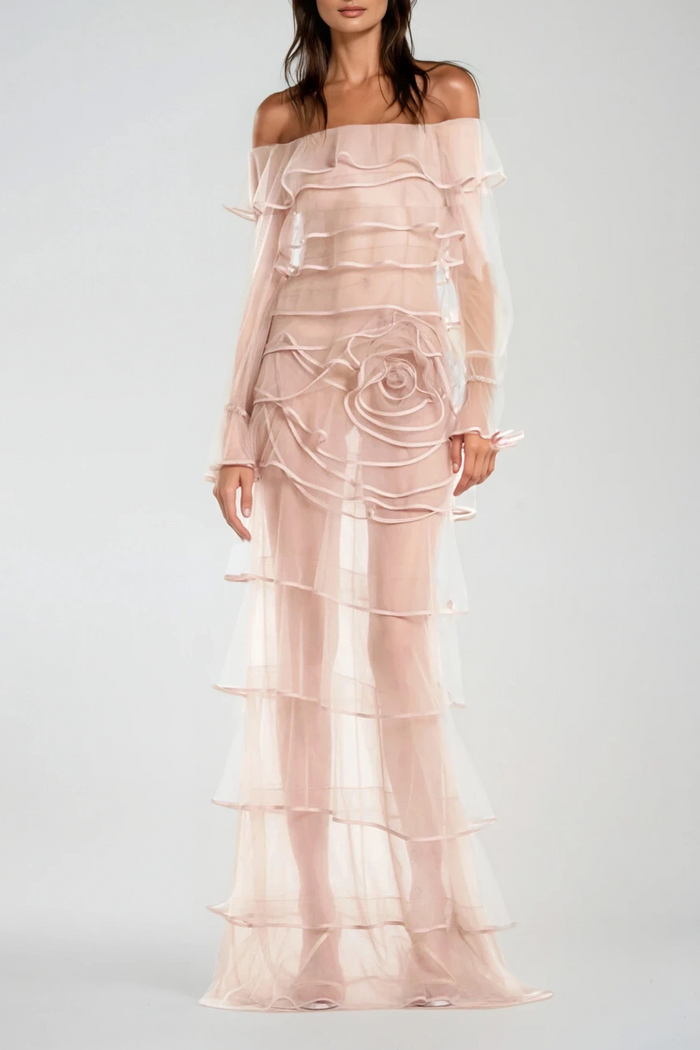 Damion Off Shoulder Flower Ruch Maxi Dress